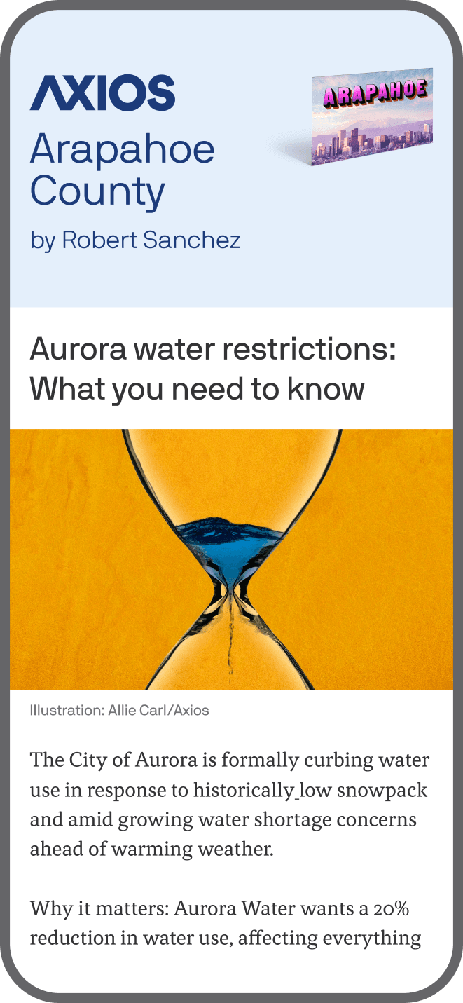 smartphone displaying an Axios Arapahoe County newsletter