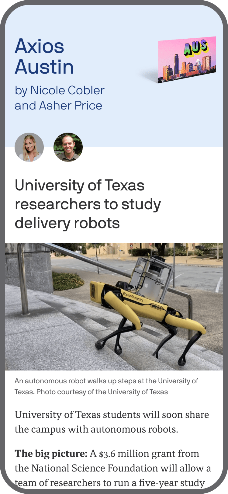 smartphone displaying an Axios Austin newsletter