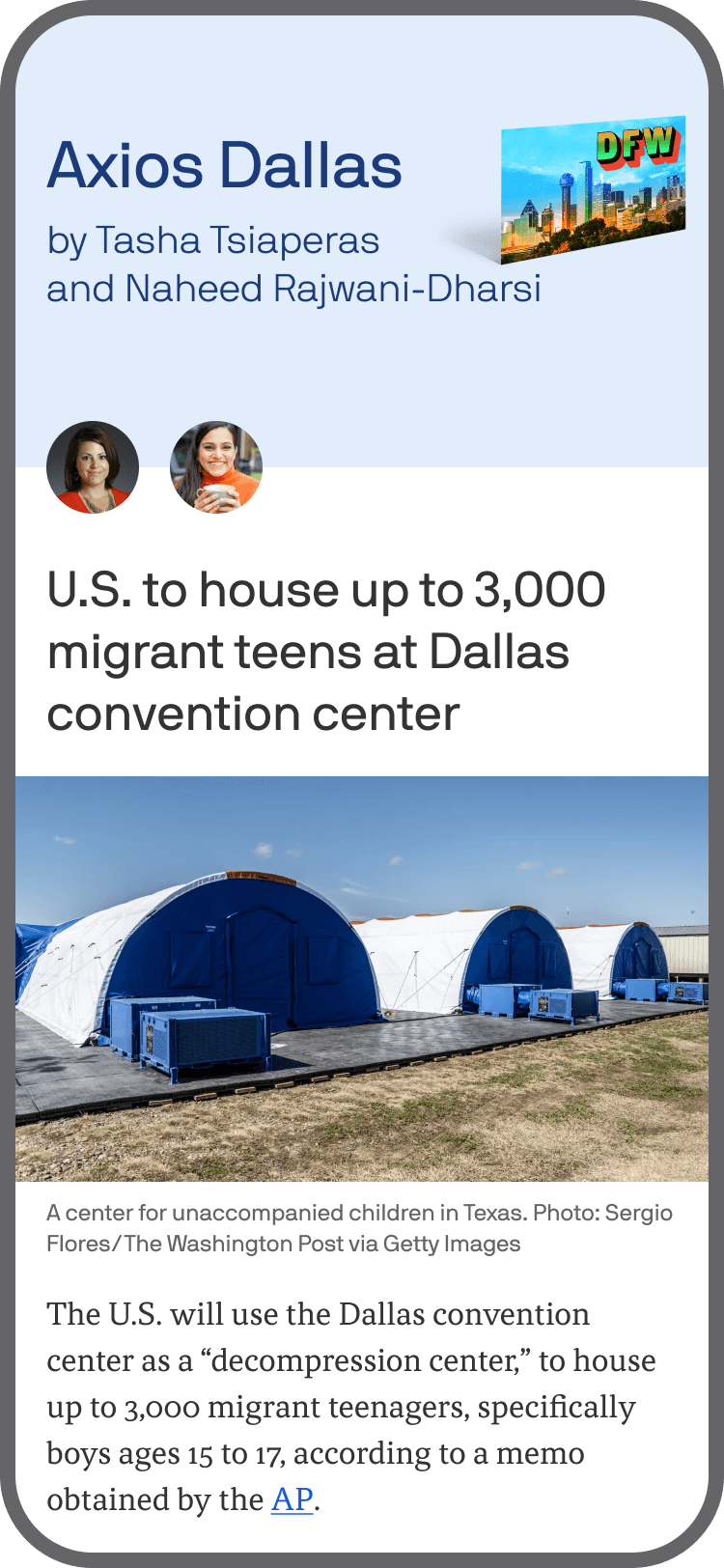 smartphone displaying an Axios Dallas newsletter
