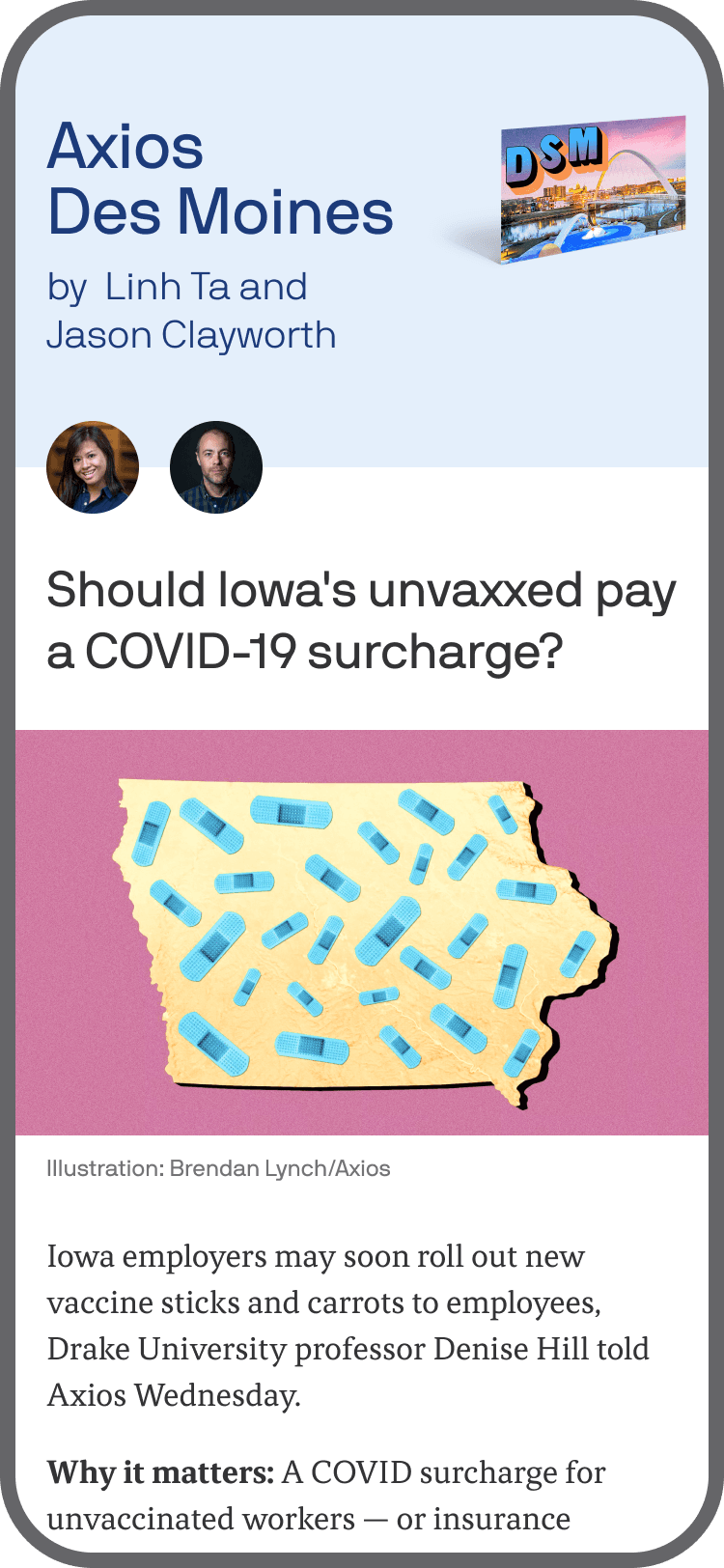smartphone displaying an Axios Des Moines newsletter