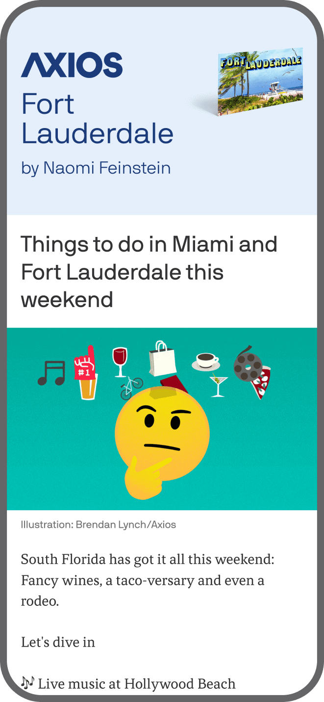 smartphone displaying an Axios Fort Lauderdale newsletter