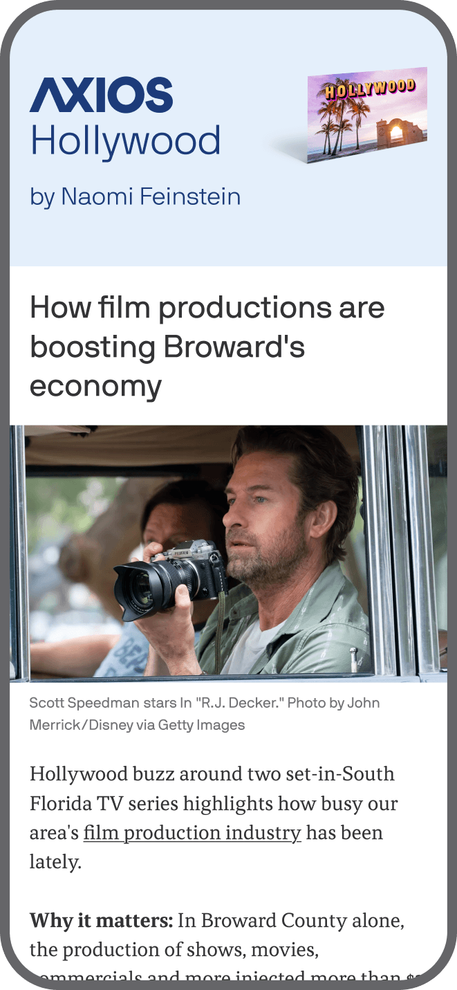 smartphone displaying an Axios Hollywood newsletter