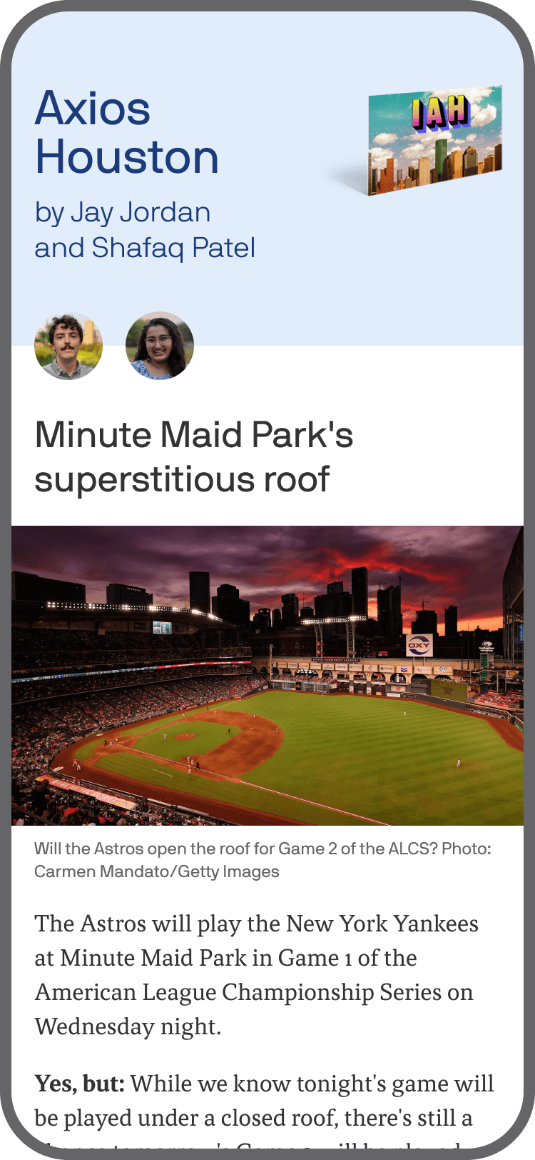 smartphone displaying an Axios Houston newsletter