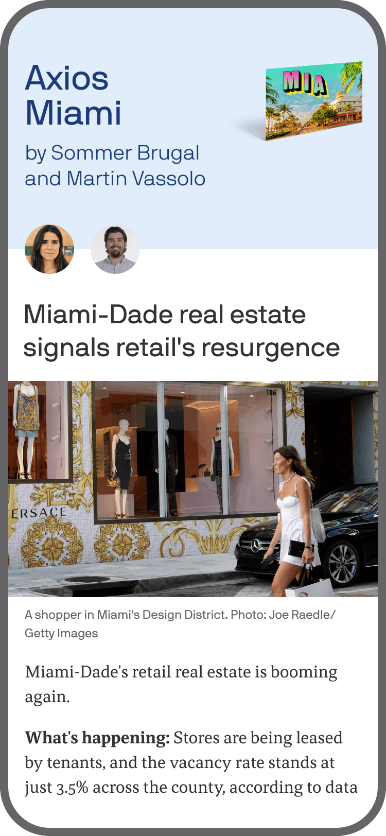 smartphone displaying an Axios Miami newsletter