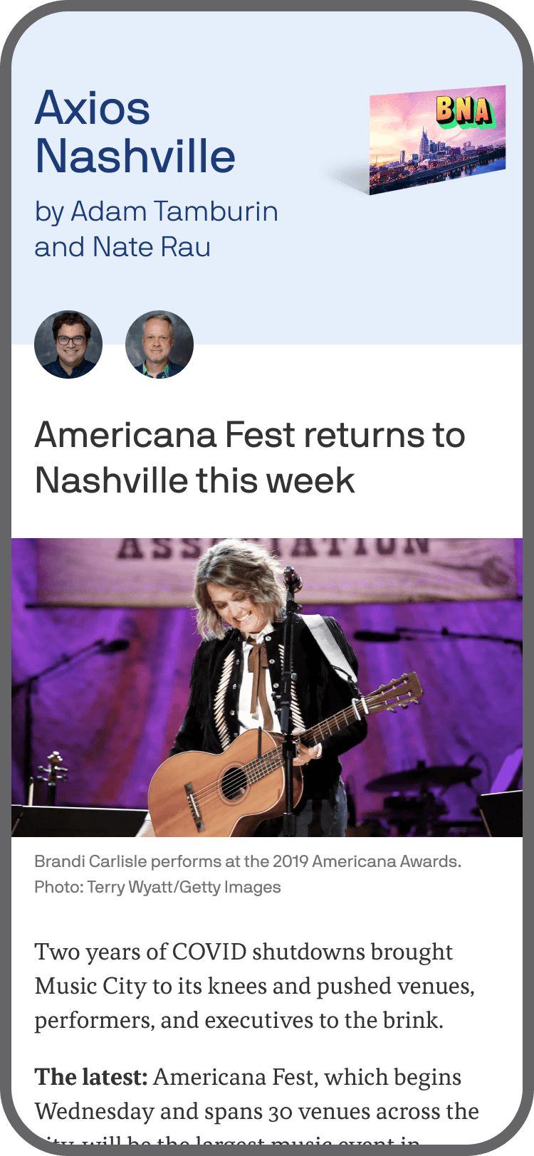 smartphone displaying an Axios Nashville newsletter