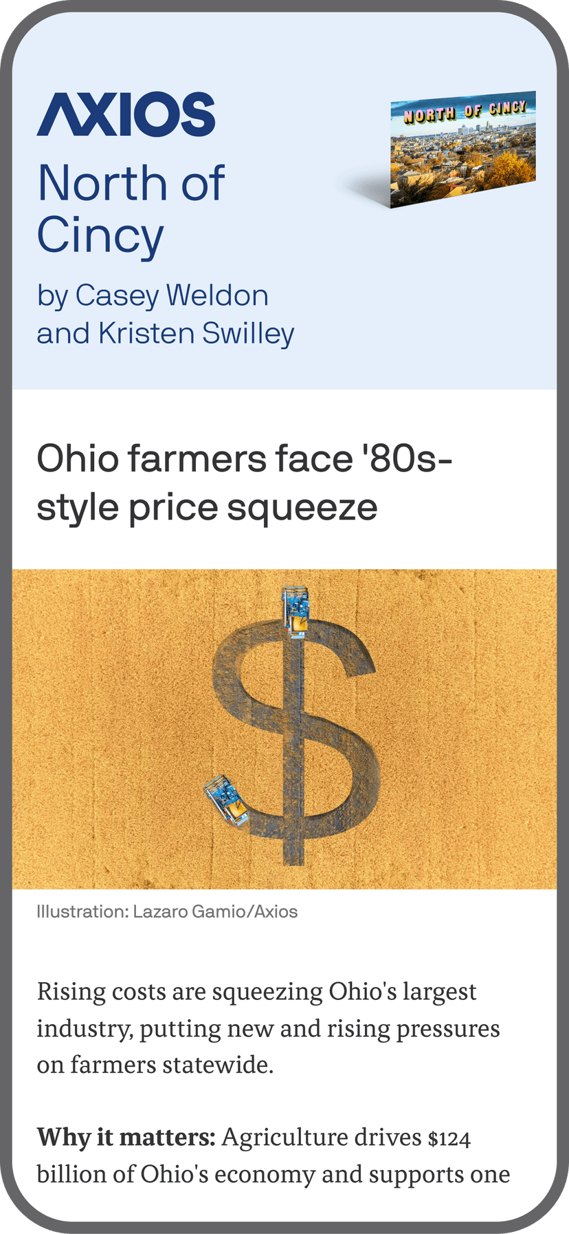 smartphone displaying an Axios North of Cincy newsletter