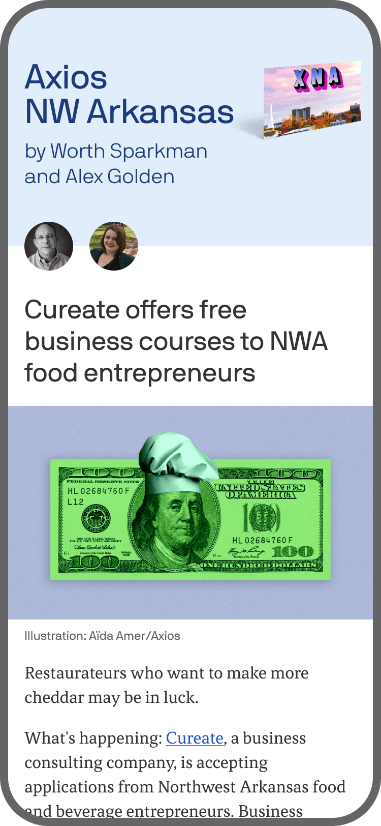 smartphone displaying an Axios NW Arkansas newsletter