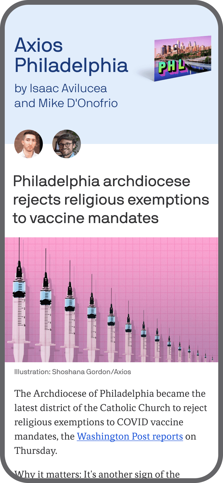 smartphone displaying an Axios Philadelphia newsletter