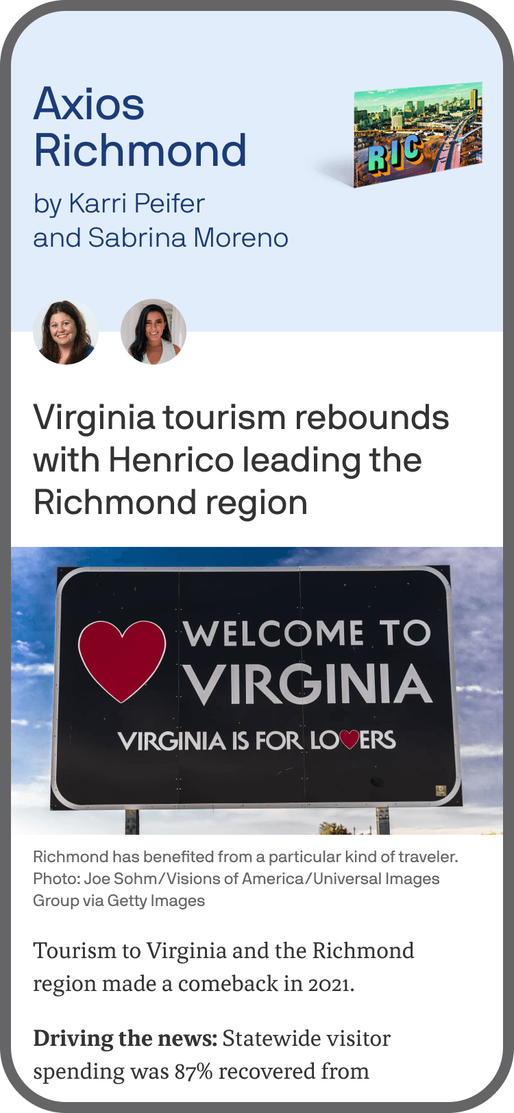 smartphone displaying an Axios Richmond newsletter