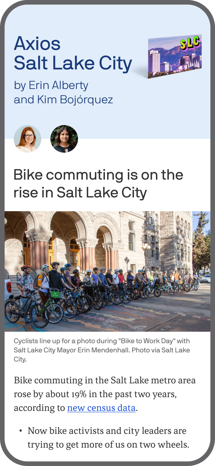 smartphone displaying an Axios Salt Lake City newsletter