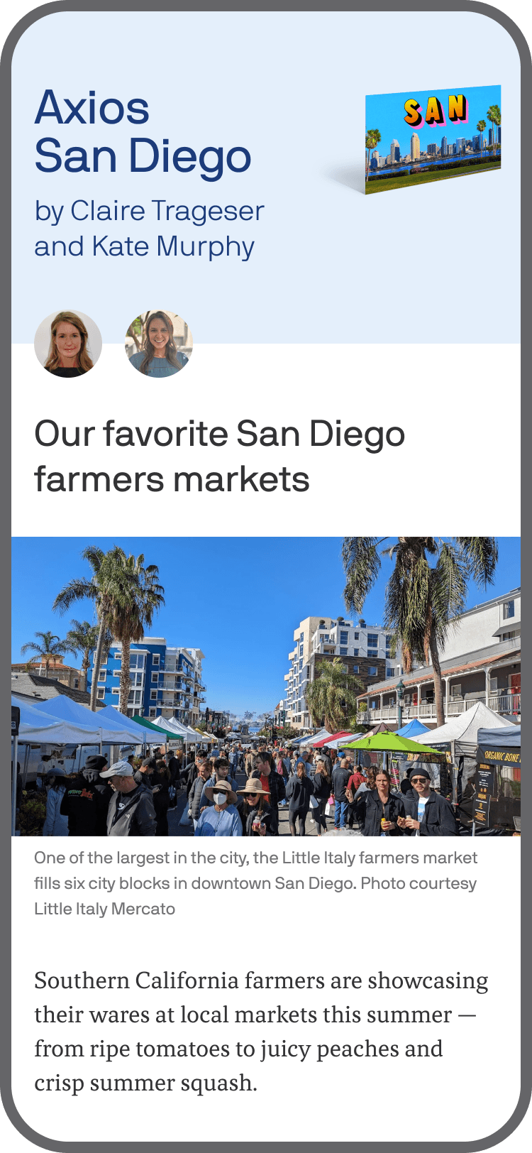 smartphone displaying an Axios San Diego newsletter