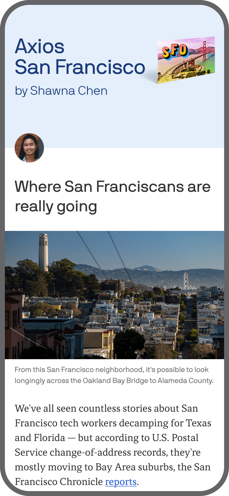 smartphone displaying an Axios San Francisco newsletter