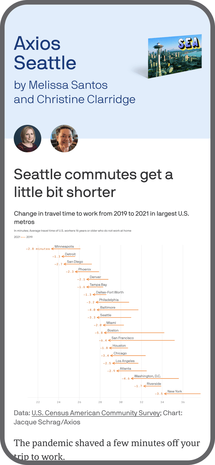 smartphone displaying an Axios Seattle newsletter