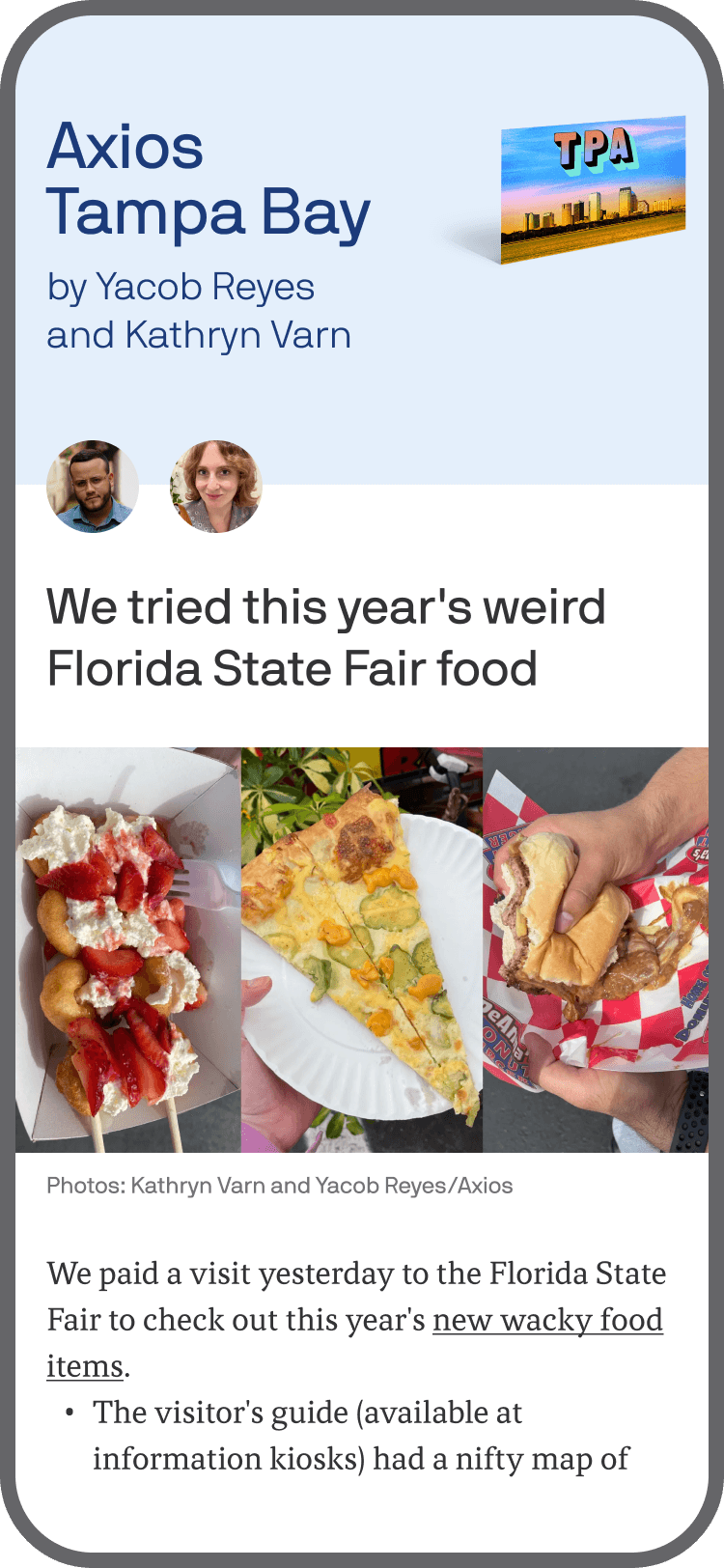 smartphone displaying an Axios Tampa Bay newsletter