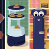 Illustration of a collage of robots picking fruit, flipping burgers, waiting tables and patrolling supermarkets.