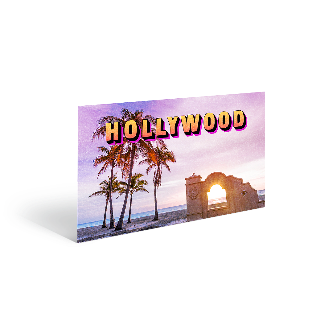 Retro-style postcard graphic of Hollywood beach with palm trees, oceanfront archway, and large “HOLLYWOOD” text.
