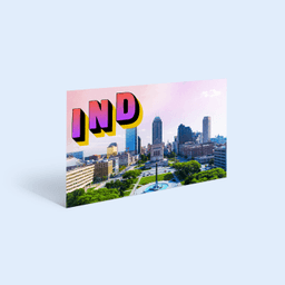 A picture of the Indianapolis skyline with the letters IND