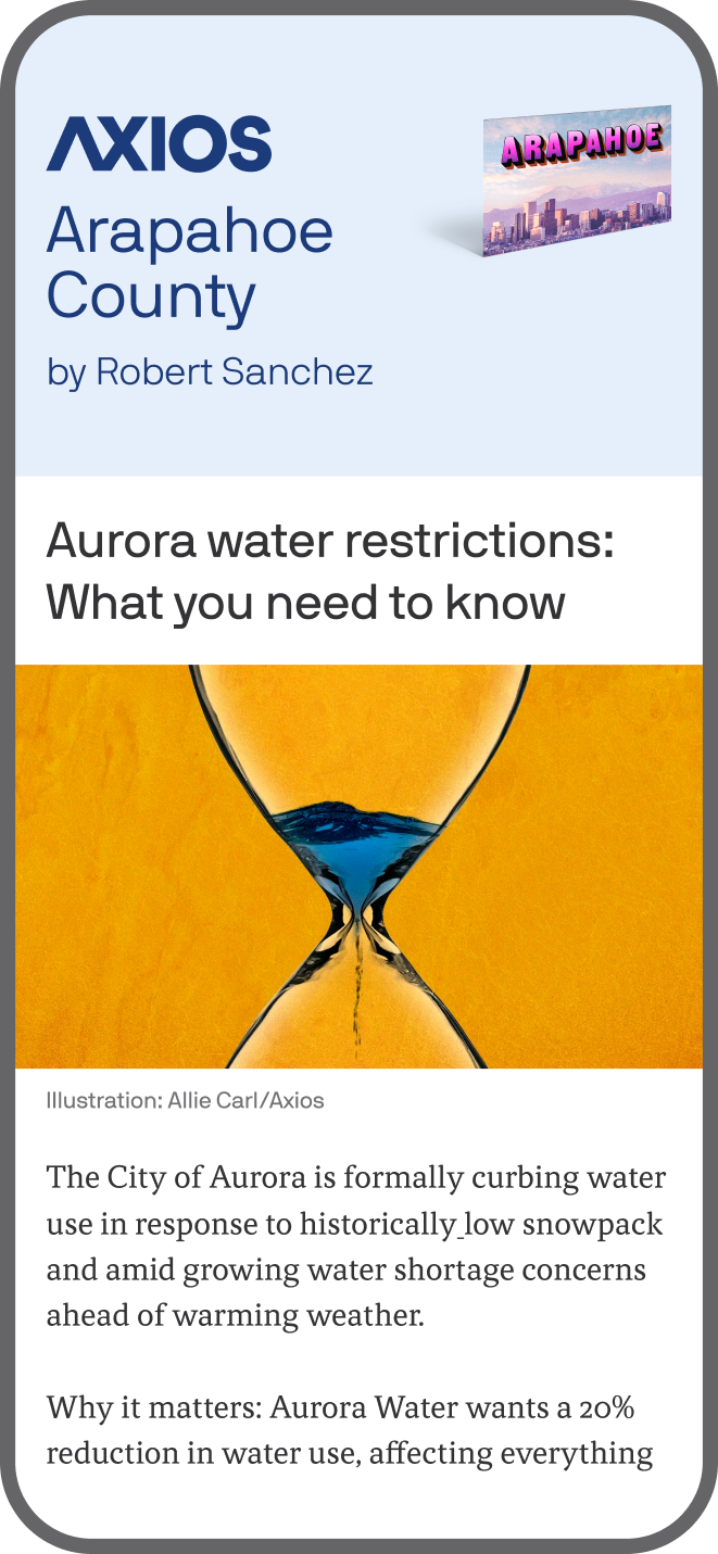 smartphone displaying an Axios Arapahoe County newsletter