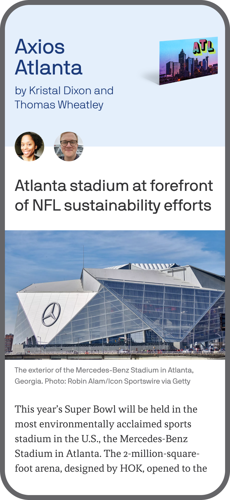 smartphone displaying an Axios Atlanta newsletter