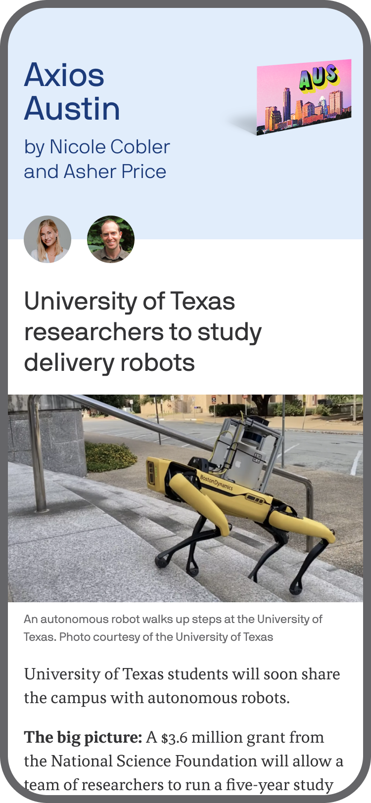 smartphone displaying an Axios Austin newsletter
