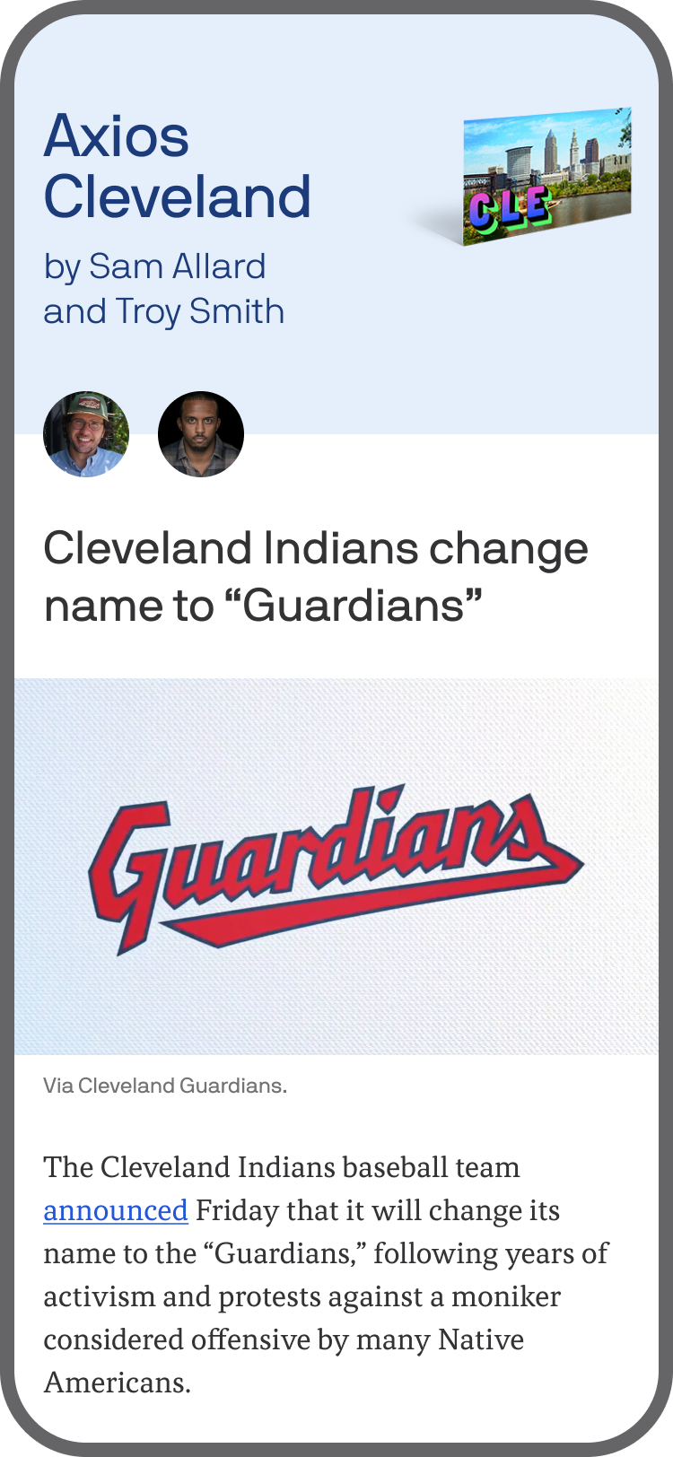 smartphone displaying an Axios Cleveland newsletter
