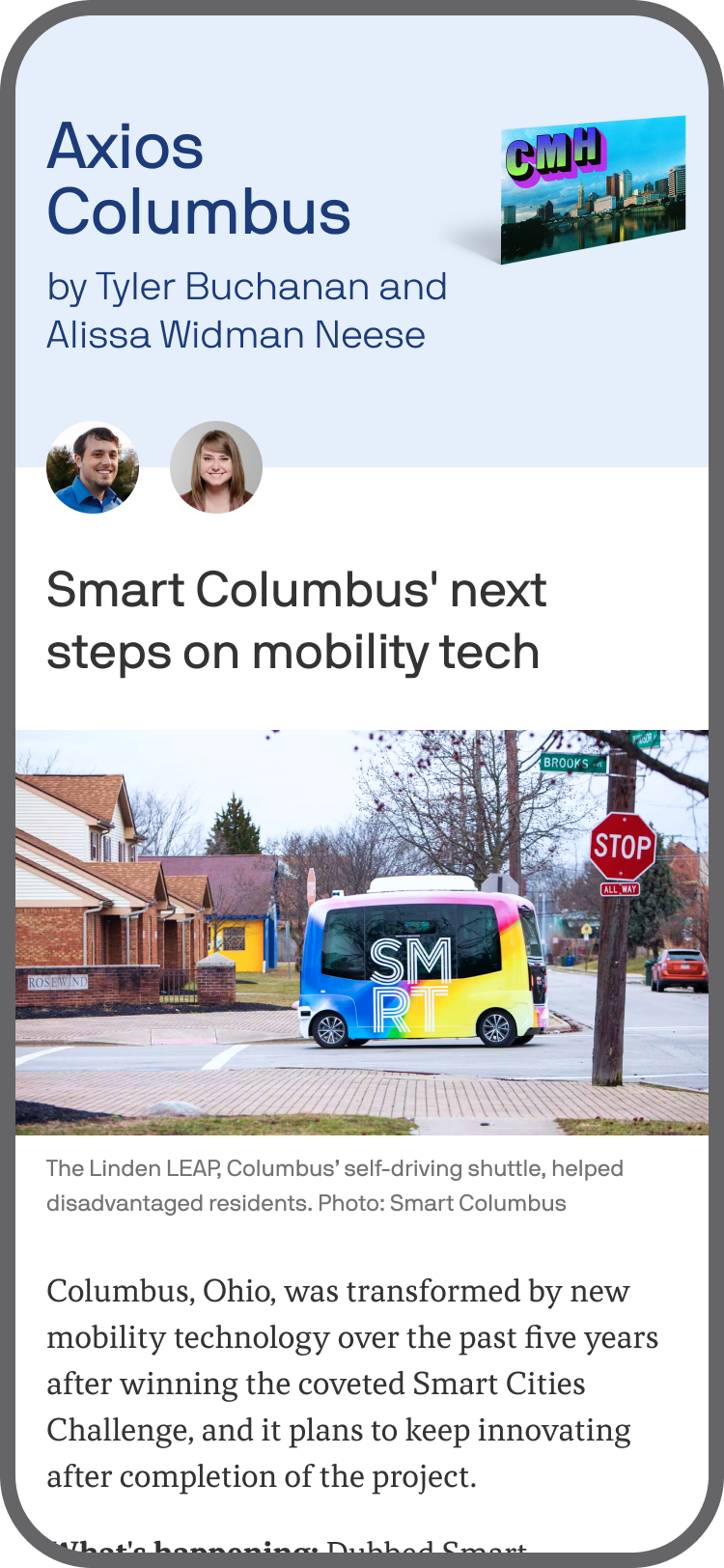 smartphone displaying an Axios Columbus newsletter