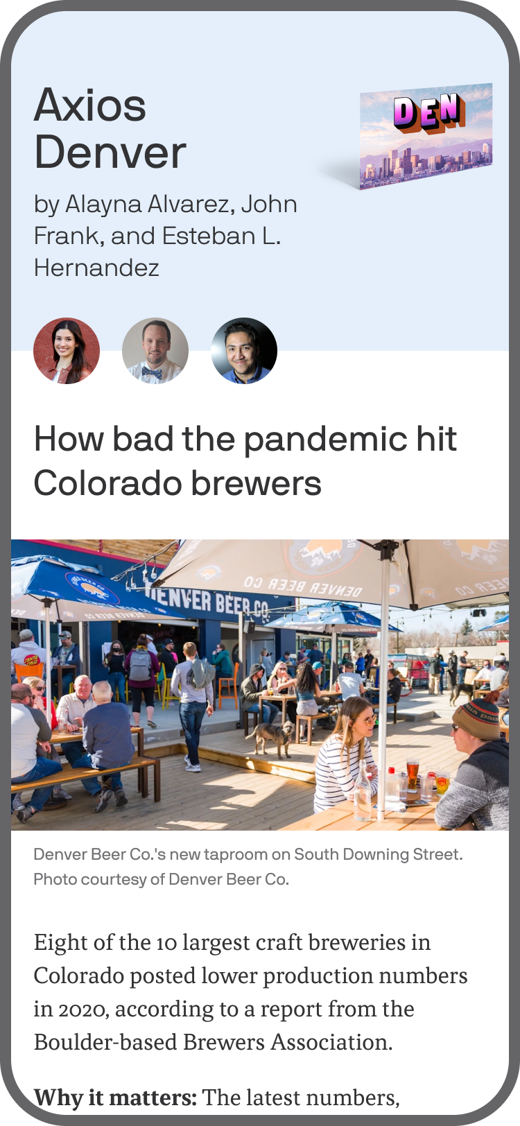 smartphone displaying an Axios Denver newsletter