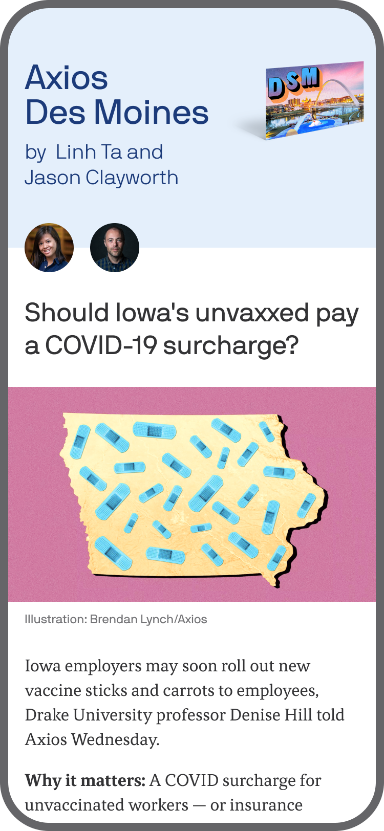 smartphone displaying an Axios Des Moines newsletter