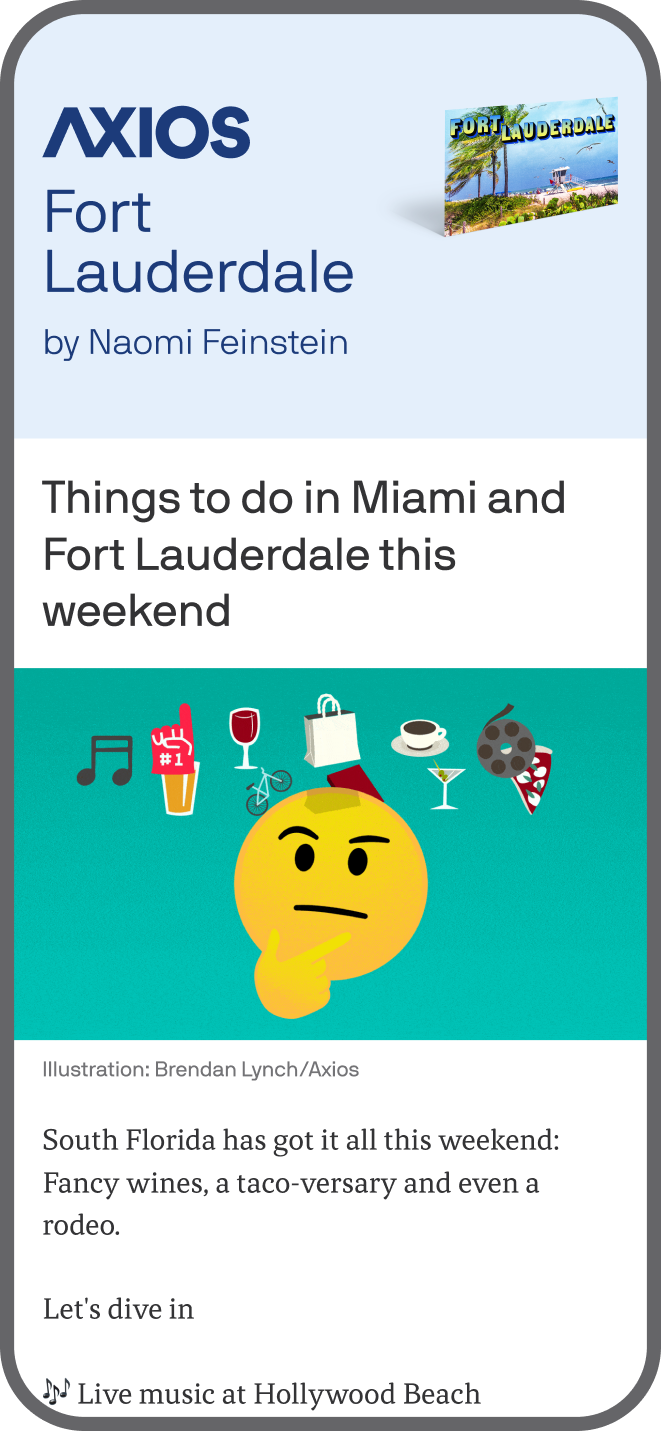 smartphone displaying an Axios Fort Lauderdale newsletter