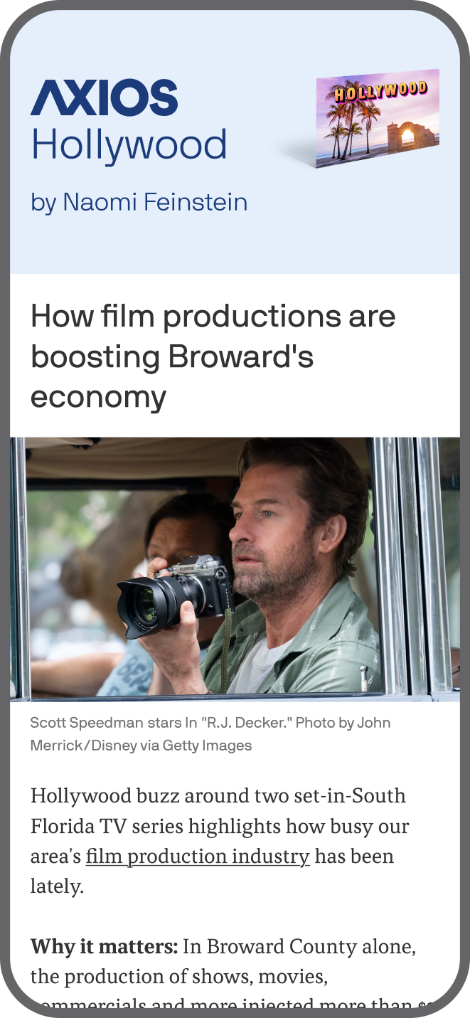 smartphone displaying an Axios Hollywood newsletter