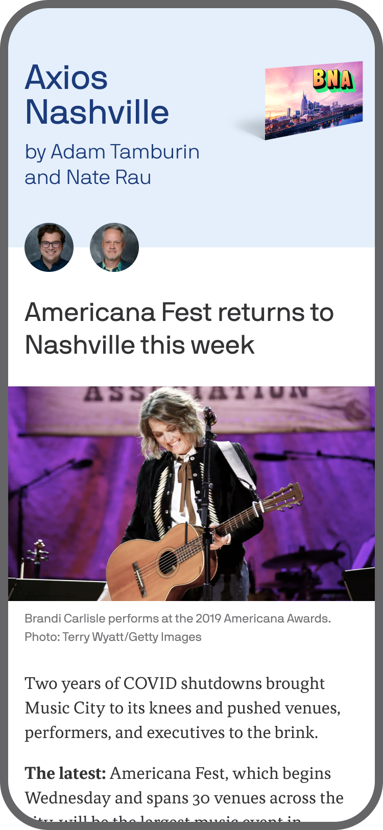 smartphone displaying an Axios Nashville newsletter