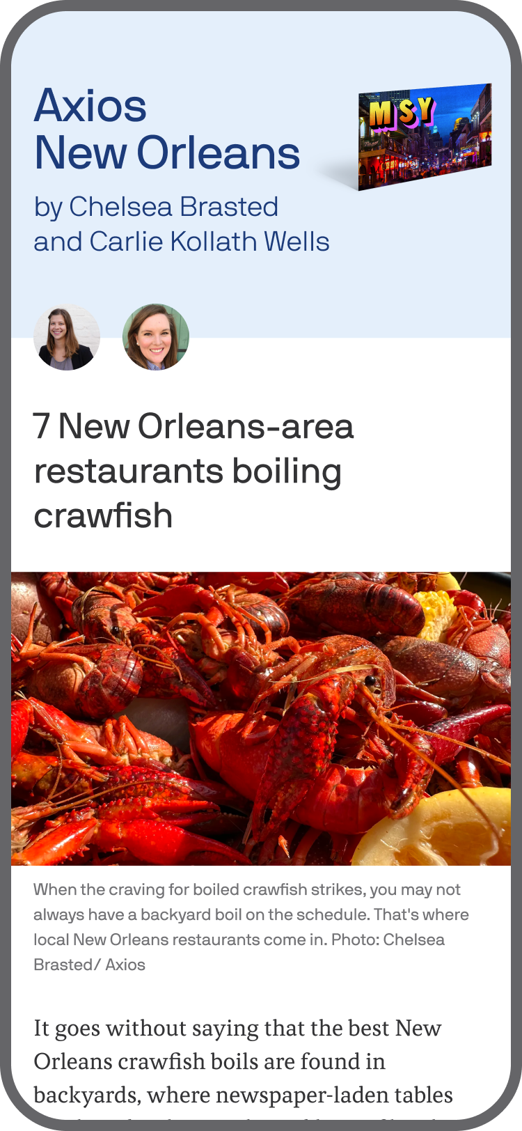 smartphone displaying an Axios New Orleans newsletter