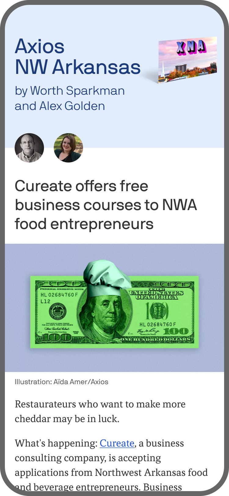 smartphone displaying an Axios NW Arkansas newsletter
