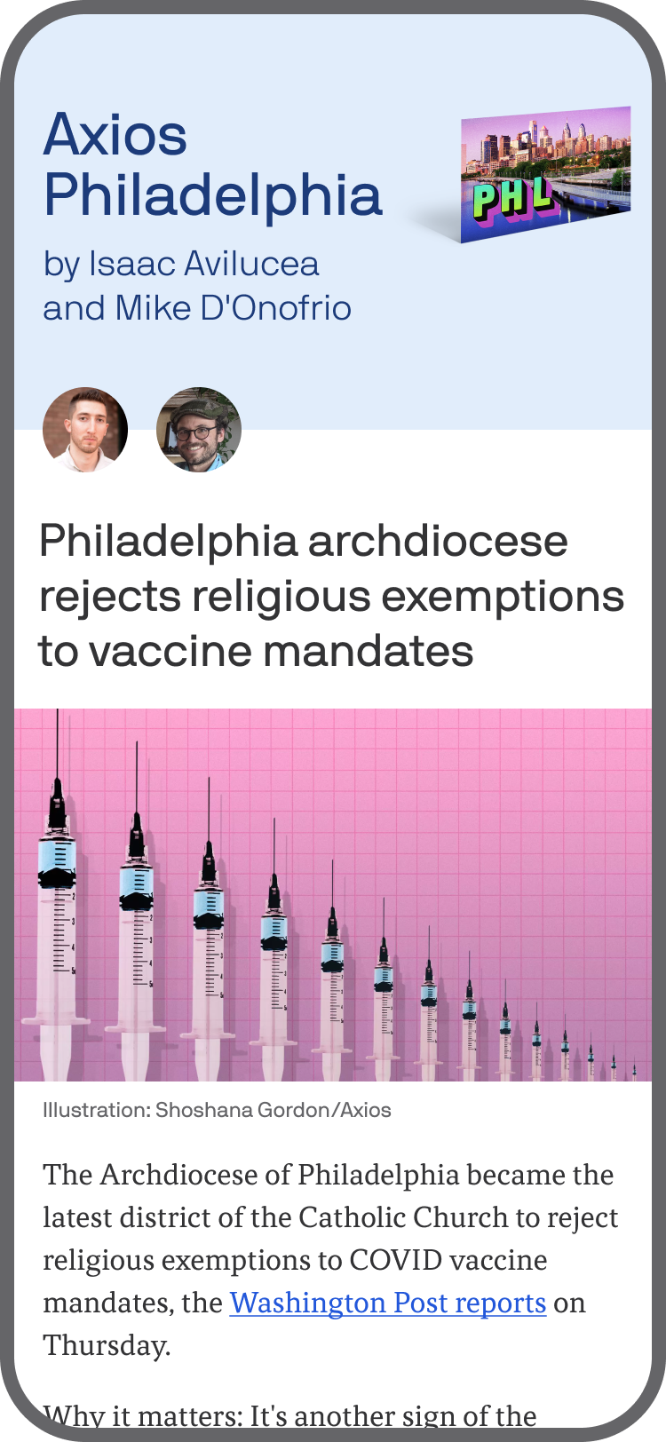 smartphone displaying an Axios Philadelphia newsletter