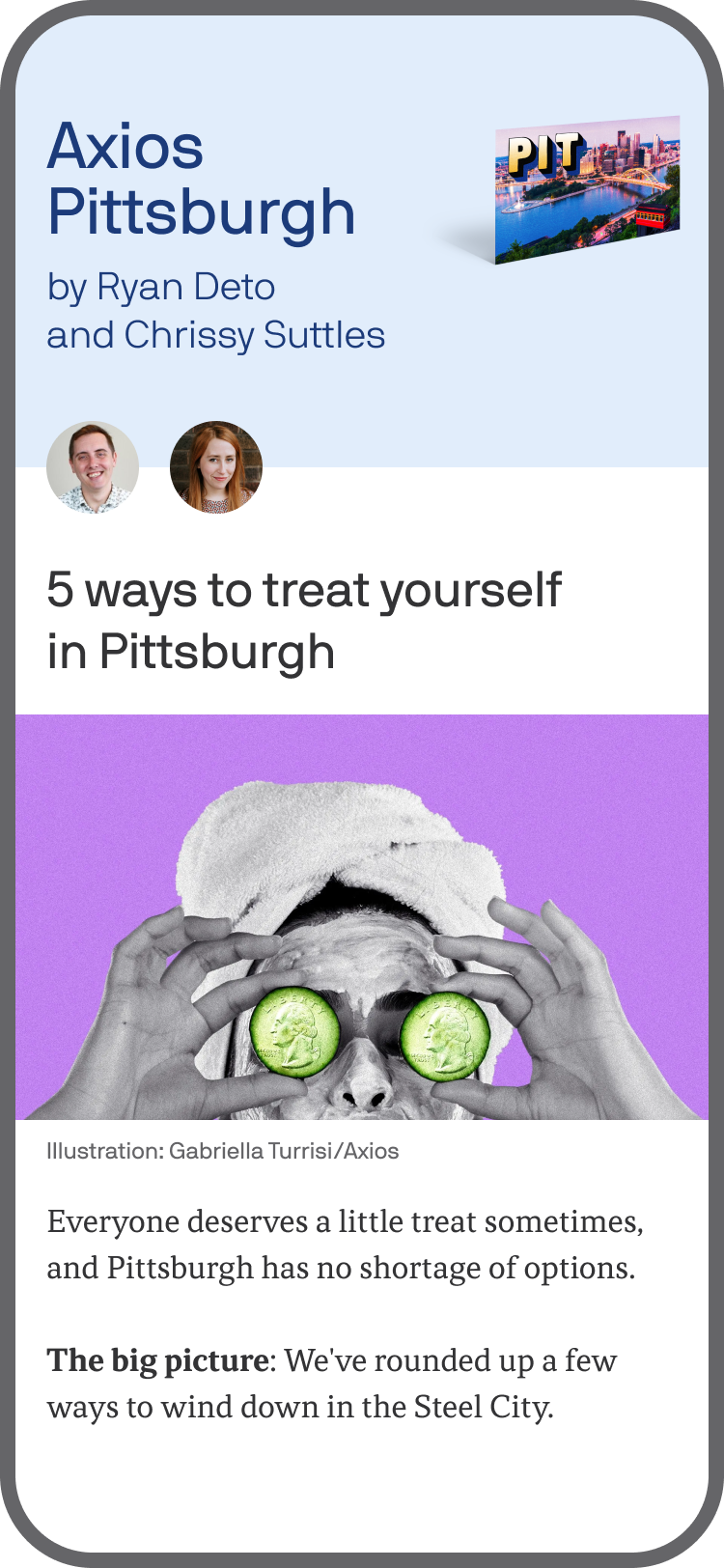 smartphone displaying an Axios Pittsburgh newsletter