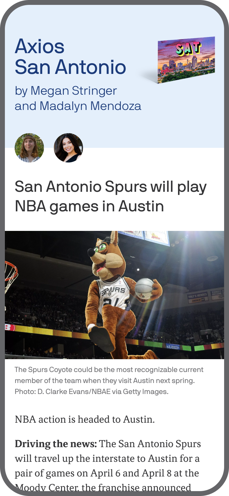 smartphone displaying an Axios San Antonio newsletter