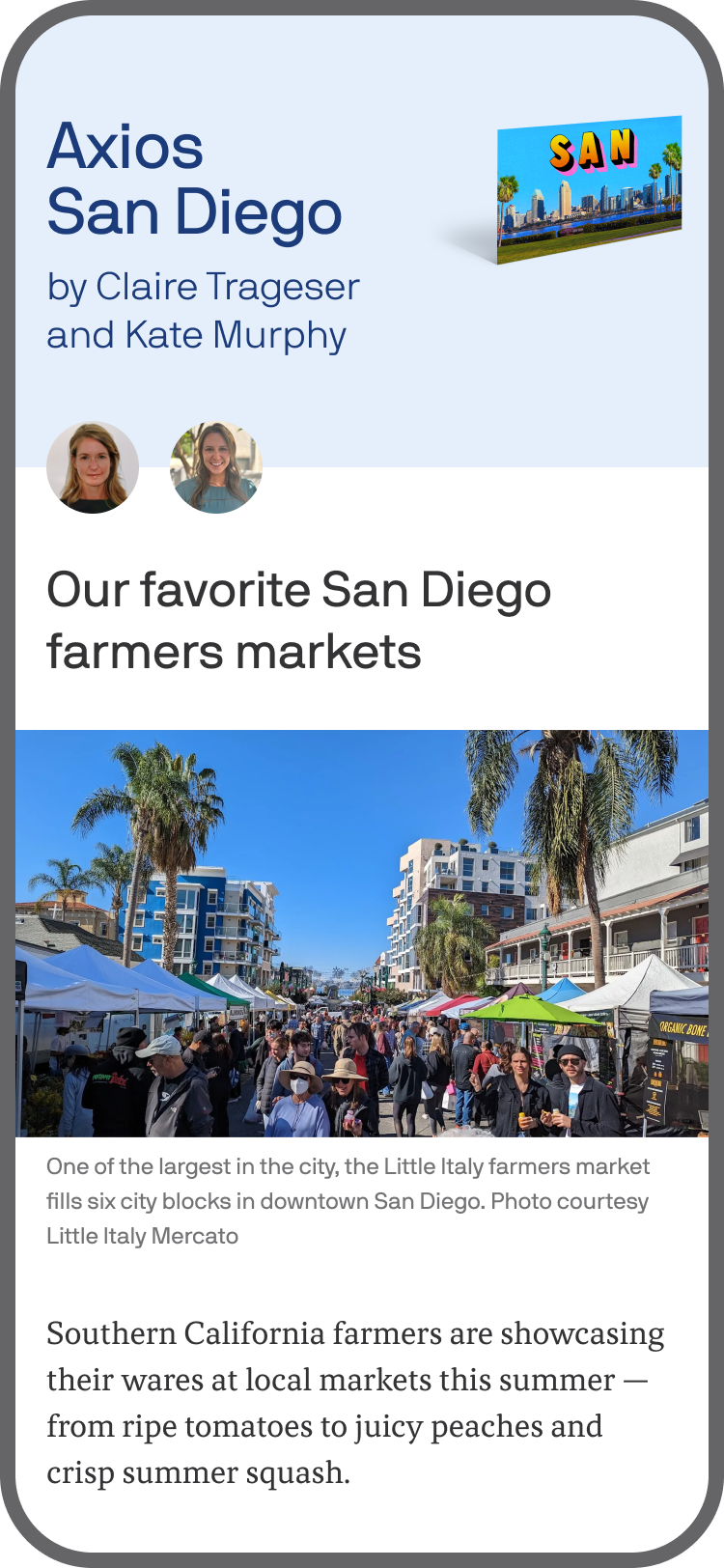 smartphone displaying an Axios San Diego newsletter