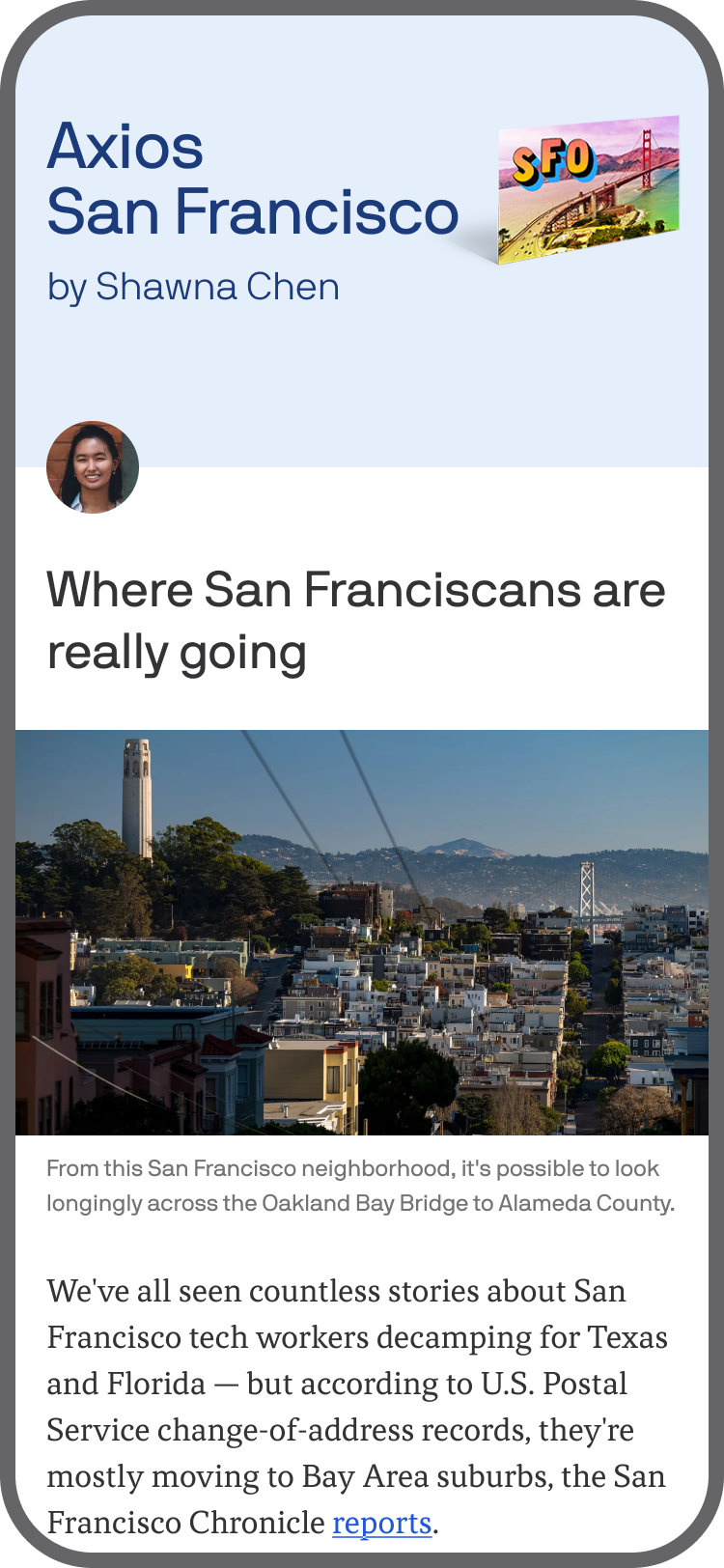 smartphone displaying an Axios San Francisco newsletter