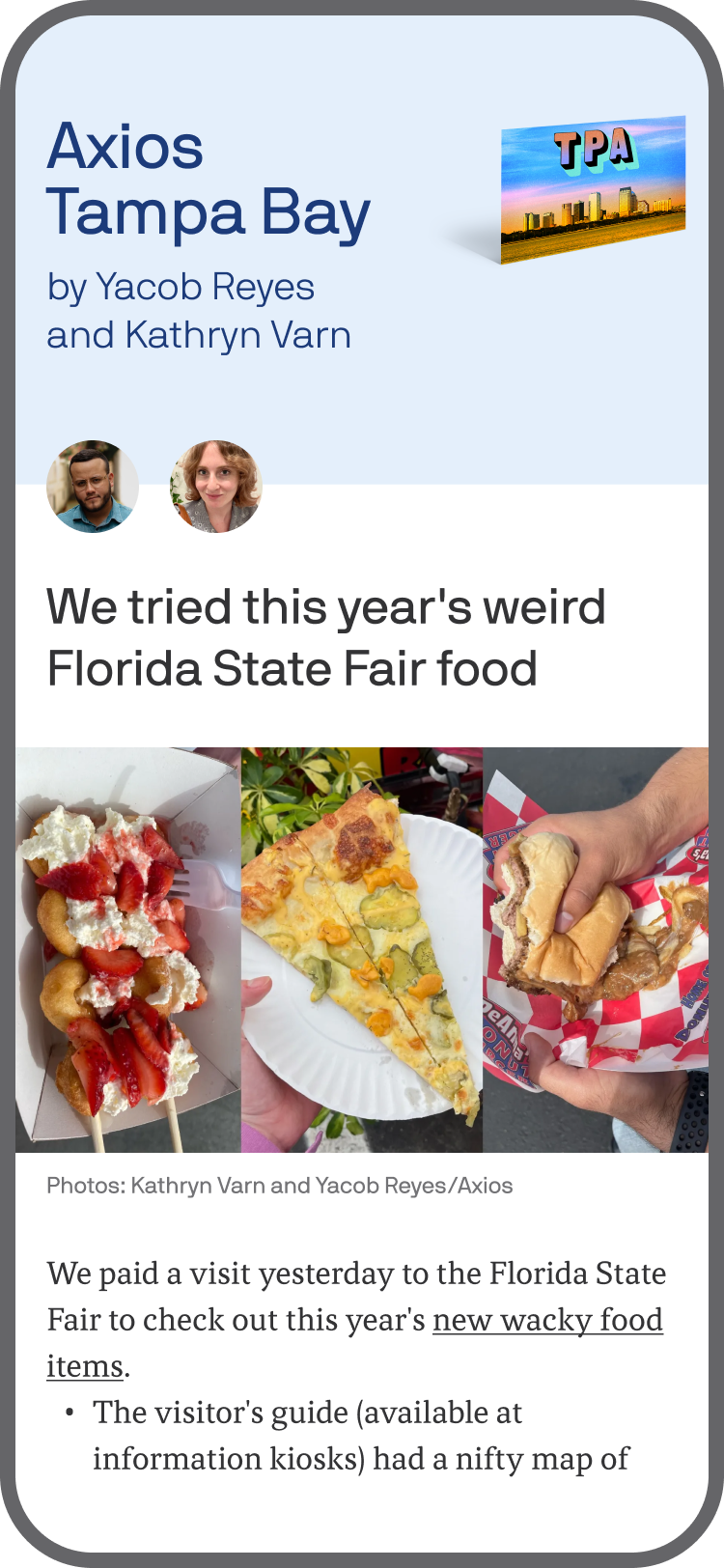 smartphone displaying an Axios Tampa Bay newsletter