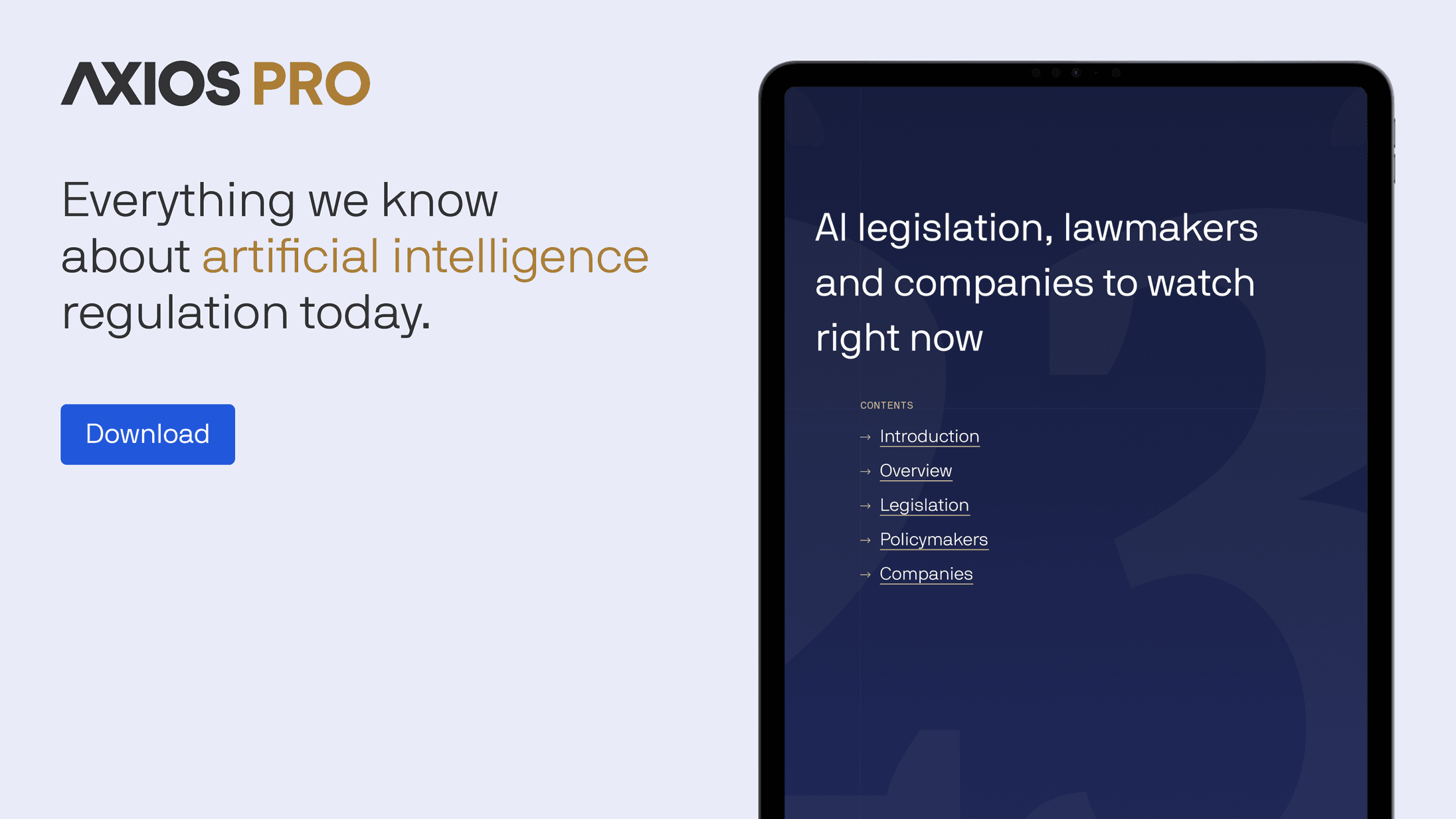 Displays text: "Everything we know about artificial intelligence regulation today" next to a tablet showing the cover page of the AI legislation report.