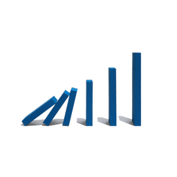 A line of six blocks increasing in height, falling into each other left-to-right, invoking falling dominos.