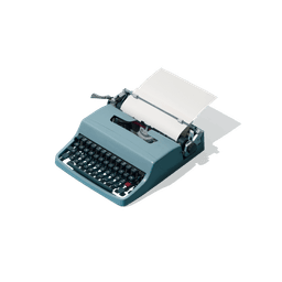 A blue typewriter with a sheet of paper hanging out