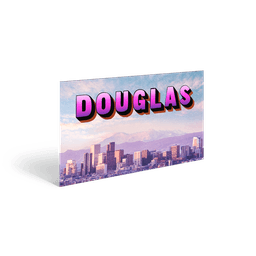 βDOUGLASβ in bold 3D purple-pink letters above a pastel-toned city skyline with mountains in the background.