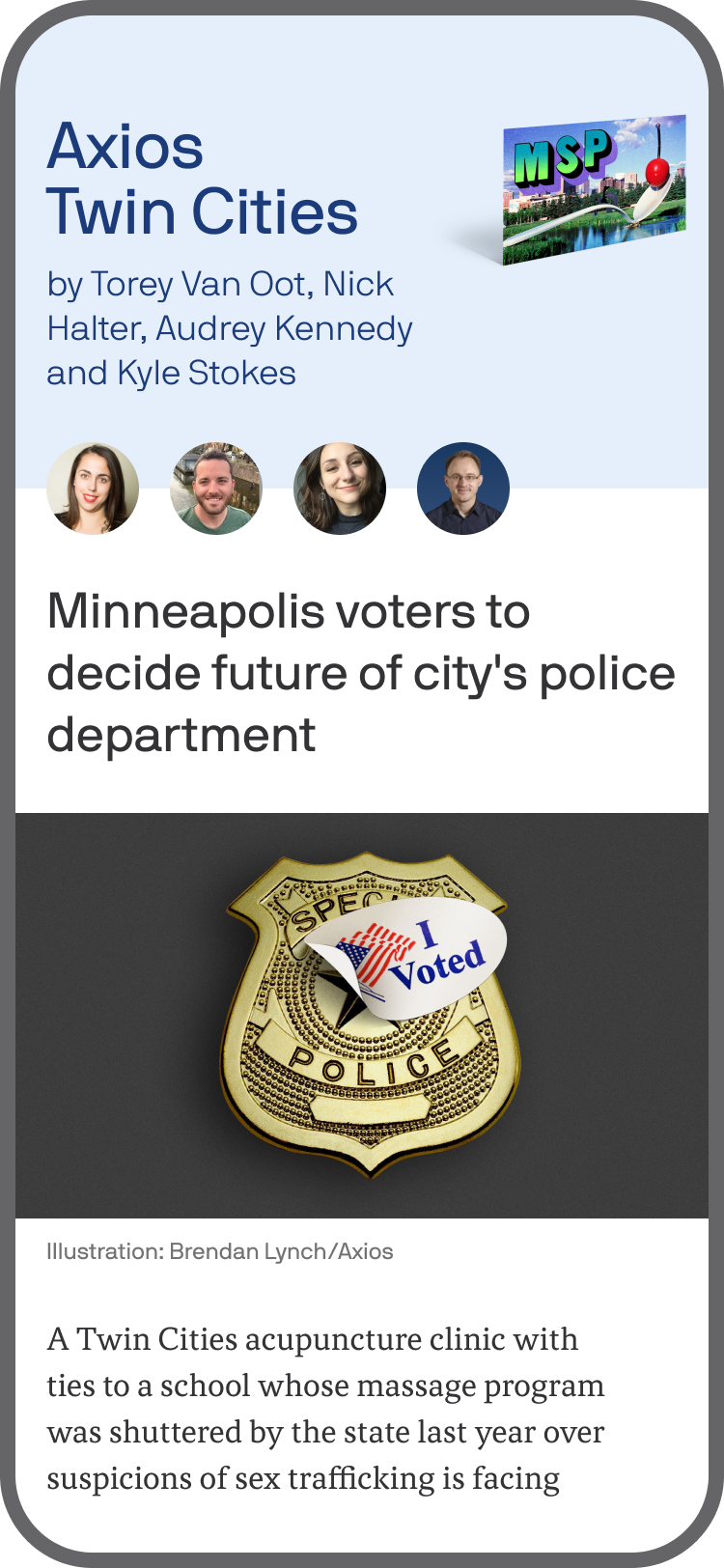 smartphone displaying an Axios Twin Cities newsletter