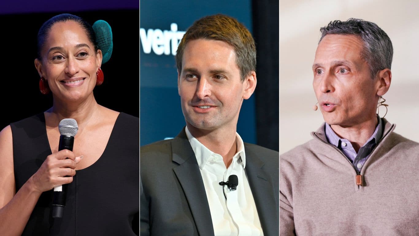 A photo collage of three speakers for the Axios Media Trends Live event: Tracee Ellis Ross, Evan Spiegel and Jimmy Pitaro